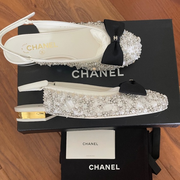 CHANEL 24S Strass Embroidery Lambskin & Grosgrain Ballet Slingbacks 37.5 - Picture 1 of 14